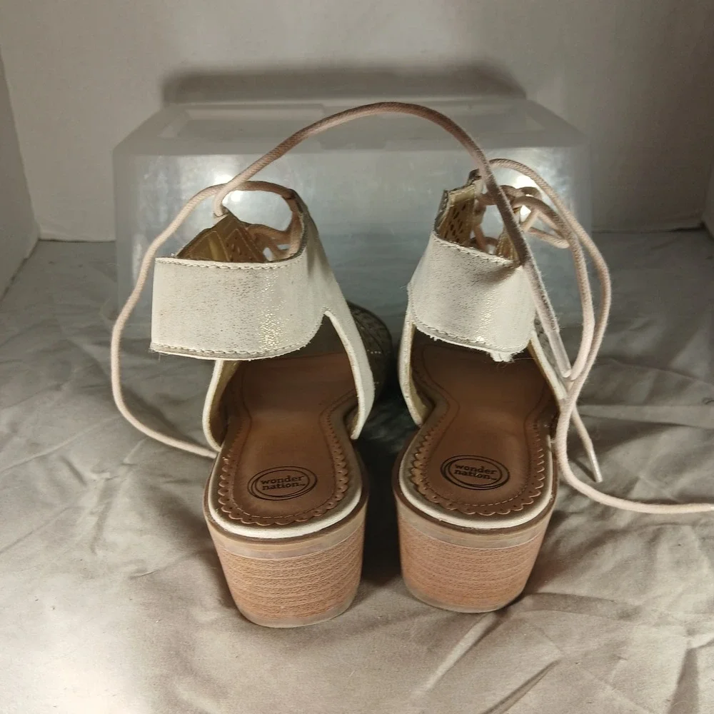 Wonder Nation Lace‎ Up Block Heel Sandals Size 5 Champagne Gold Laser Cut Boho